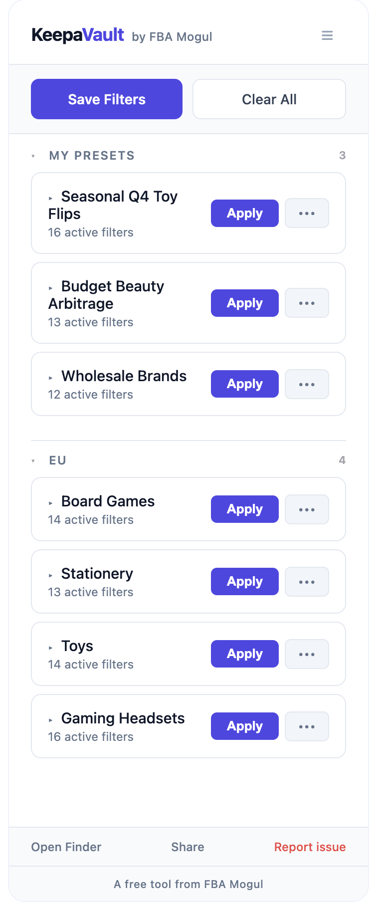 KeepaVault popup showing saved presets ready to apply with one click